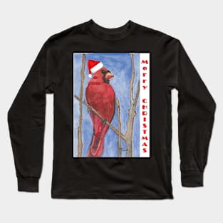 Red Watercolor Cardinal Merry Christmas Design Long Sleeve T-Shirt